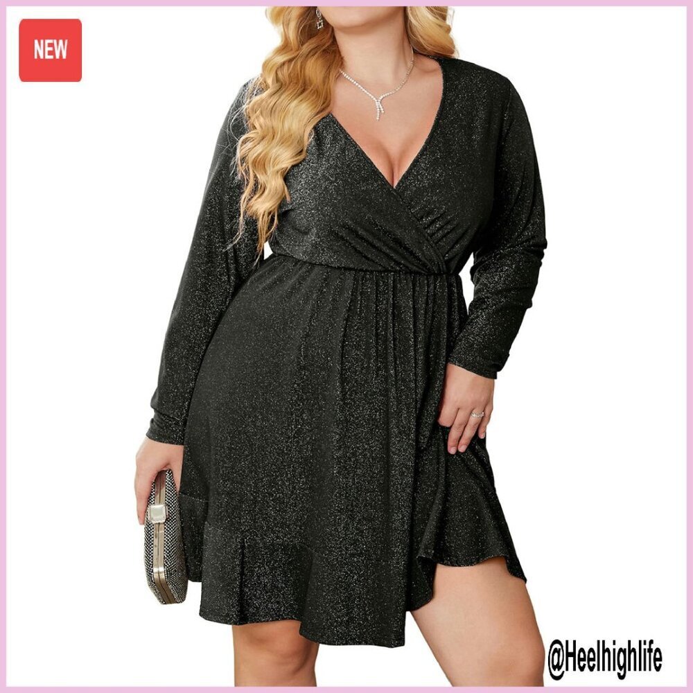 Plus Size Glitter Dress Long Sleeve V Neck Ruffle Hem Cocktail Party